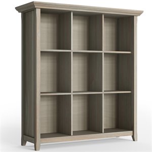 simpli home acadian rustic solid wood cubby bookcase in distressed gray