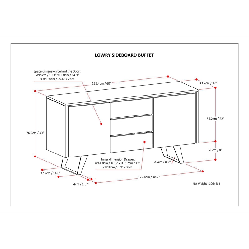 Simpli Home Lowry Solid Acacia Wood Sideboard Buffet in Gray