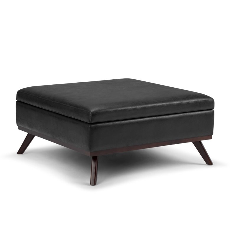 Simpli Home Owen Faux Air Leather, Black Leather Square Ottoman Coffee Table