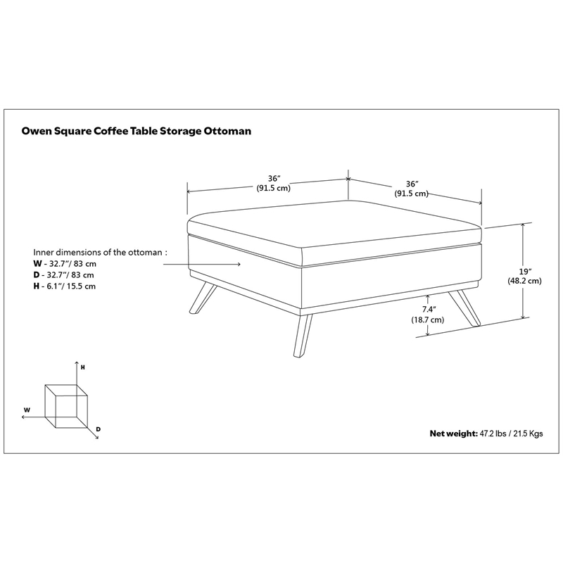 Simpli Home Owen Faux Air Leather Square Coffee Table Ottoman in Gray Taupe