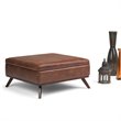 Simpli Home Owen Faux Air Leather Square Coffee Table Ottoman in Saddle Brown