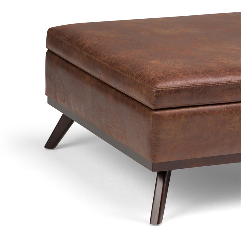 Simpli Home Owen Faux Air Leather Square Coffee Table Ottoman in Saddle Brown Cymax Business
