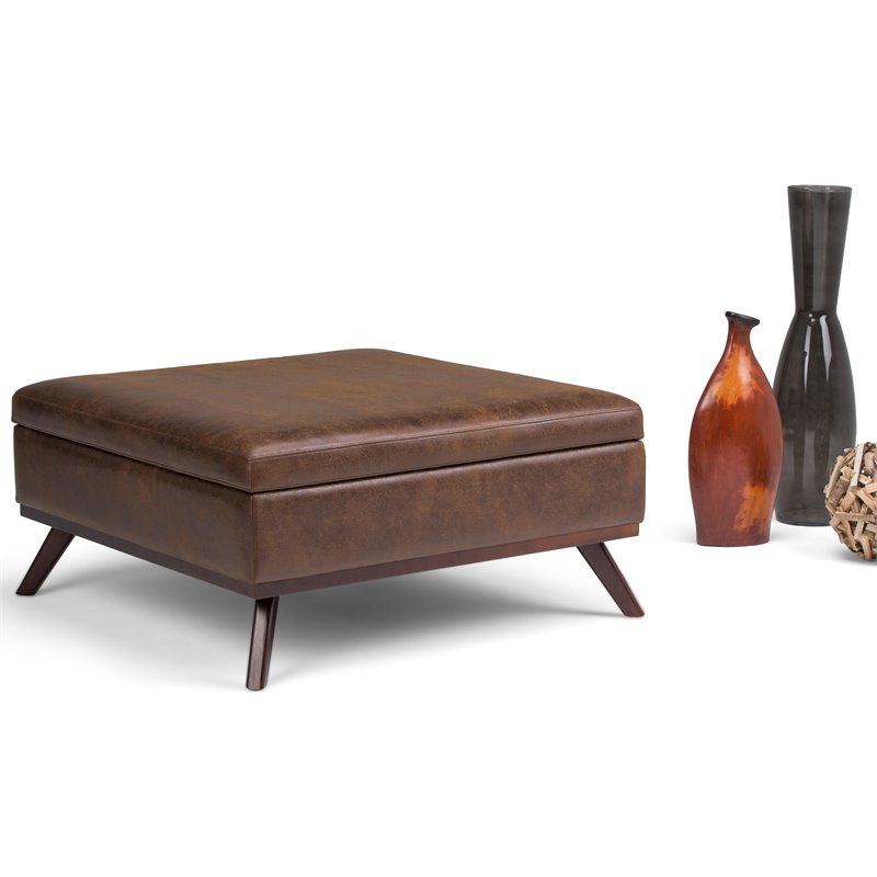 Simpli Home Owen Faux Air Leather Square Coffee Table Ottoman in Chestnut Brown