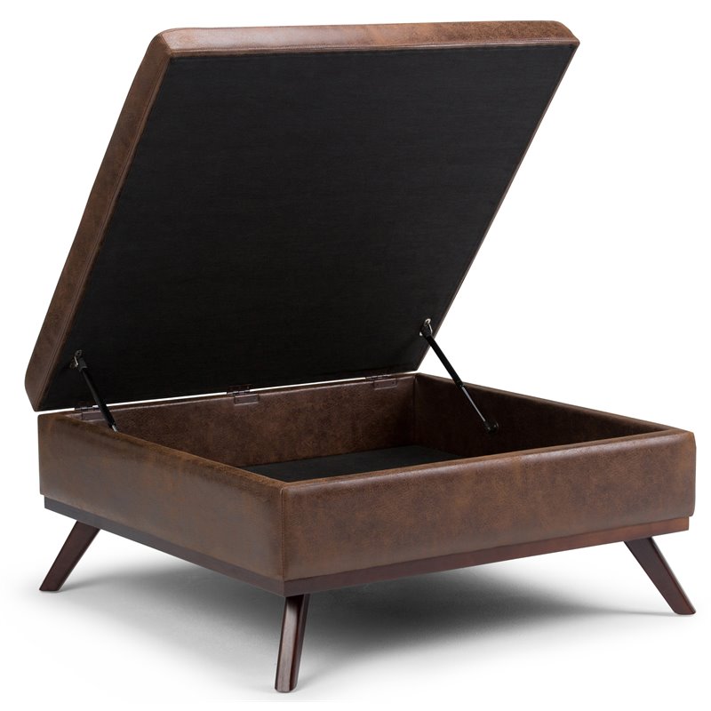 Simpli Home Owen Faux Air Leather Square Coffee Table Ottoman in Chestnut Brown