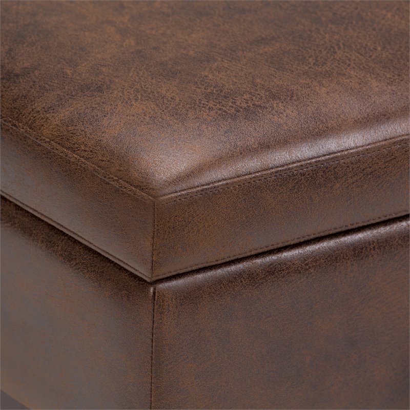 Simpli Home Owen Faux Air Leather Square Coffee Table Ottoman in Chestnut Brown