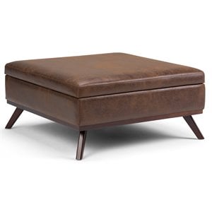Simpli Home Owen Faux Air Leather Square Coffee Table Ottoman in Chestnut Brown