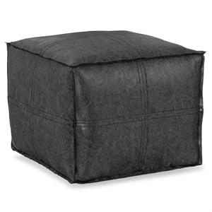 Simpli Home Brody Boho Square Pouf in Distressed Black Faux Leather