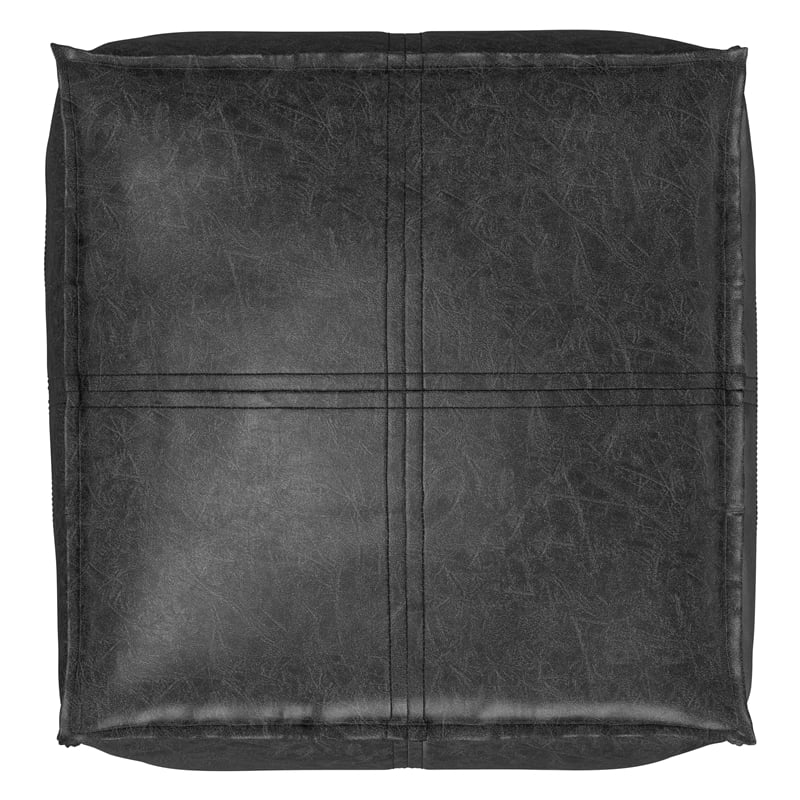 Simpli Home Brody Boho Square Pouf in Distressed Black Faux Leather