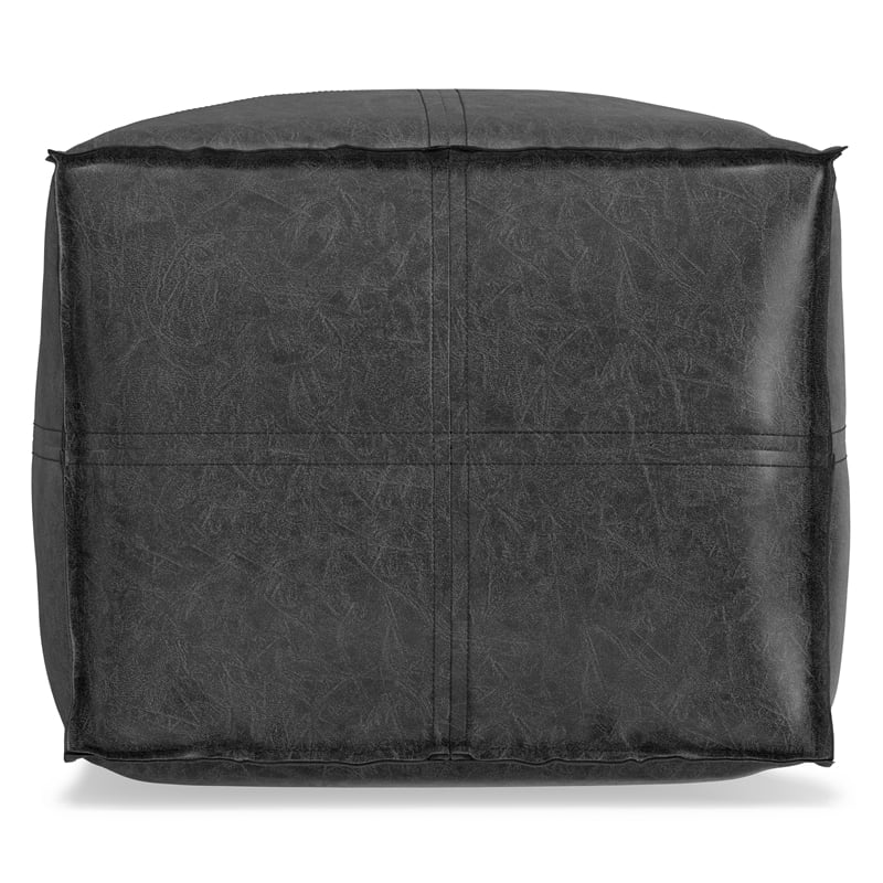 Simpli Home Brody Boho Square Pouf in Distressed Black Faux Leather
