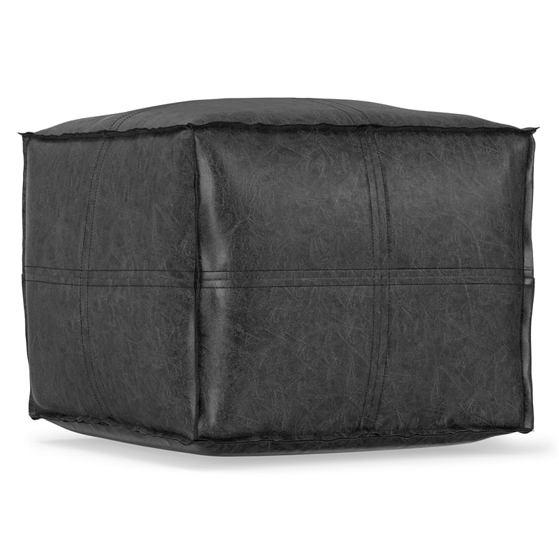 Simpli Home Brody Boho Square Pouf in Distressed Black Faux Leather