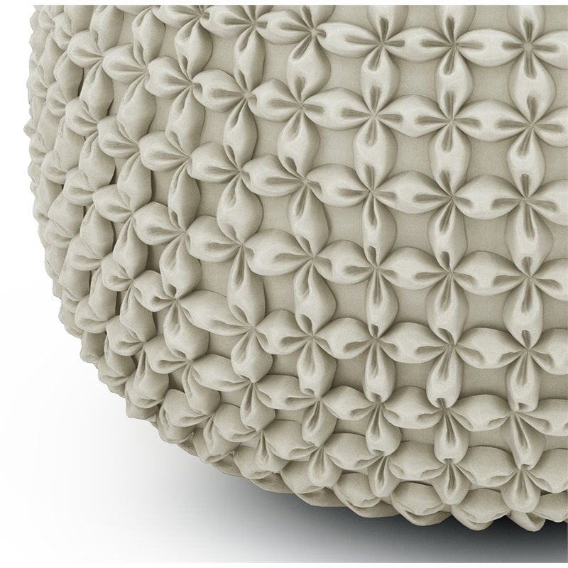 Simpli Home Renee Boho Round Pouf in Cream Velvet Fabric