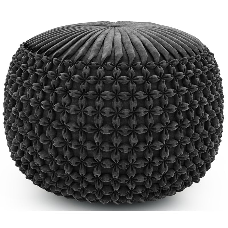 Simpli Home Renee Boho Round Pouf in Slate Gray Velvet Fabric