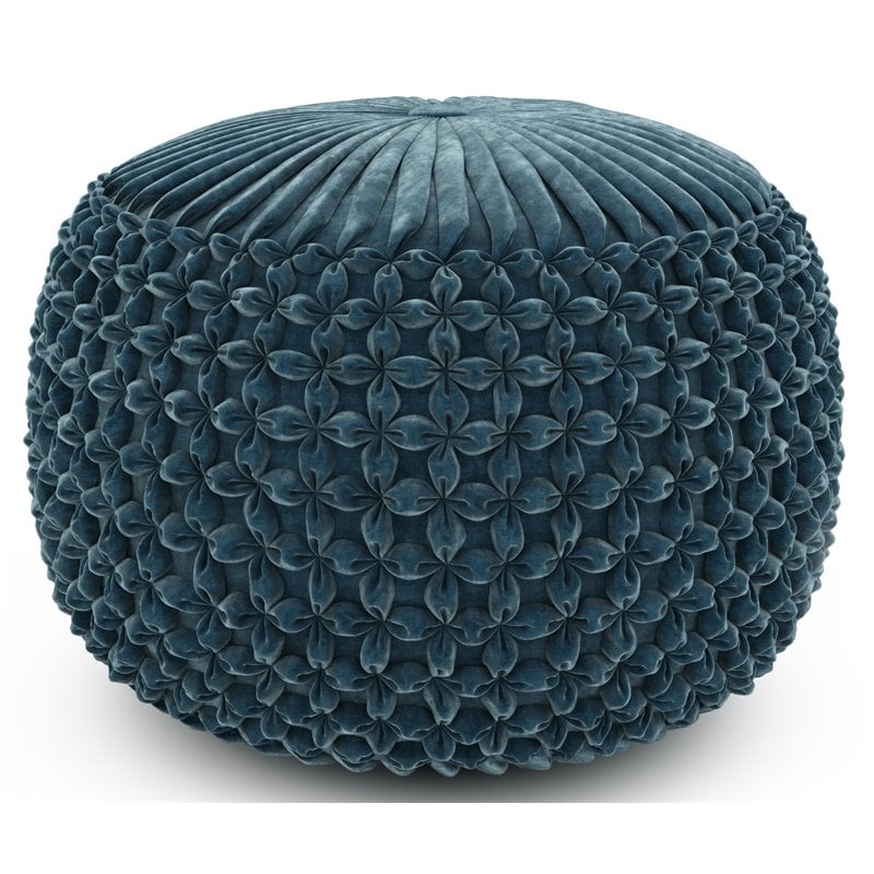 Simpli Home Renee Boho Round Pouf in Teal Velvet Fabric