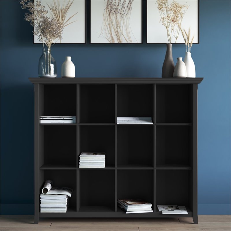 Simpli Home Acadian 12 Cubby Rustic Solid Wood Bookcase In Black Axcaca22 Bl