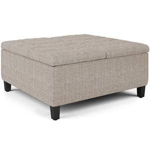 Simpli Home Harrison 36&quot Transitional Square Coffee Table Ottoman in Platinum Tweed Look Fabric