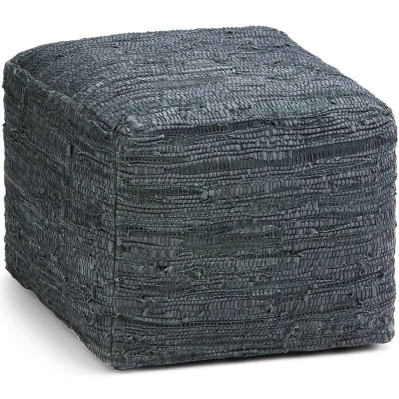 Simpli Home Fredrik Boho Square Pouf in Gray Woven Genuine Leather