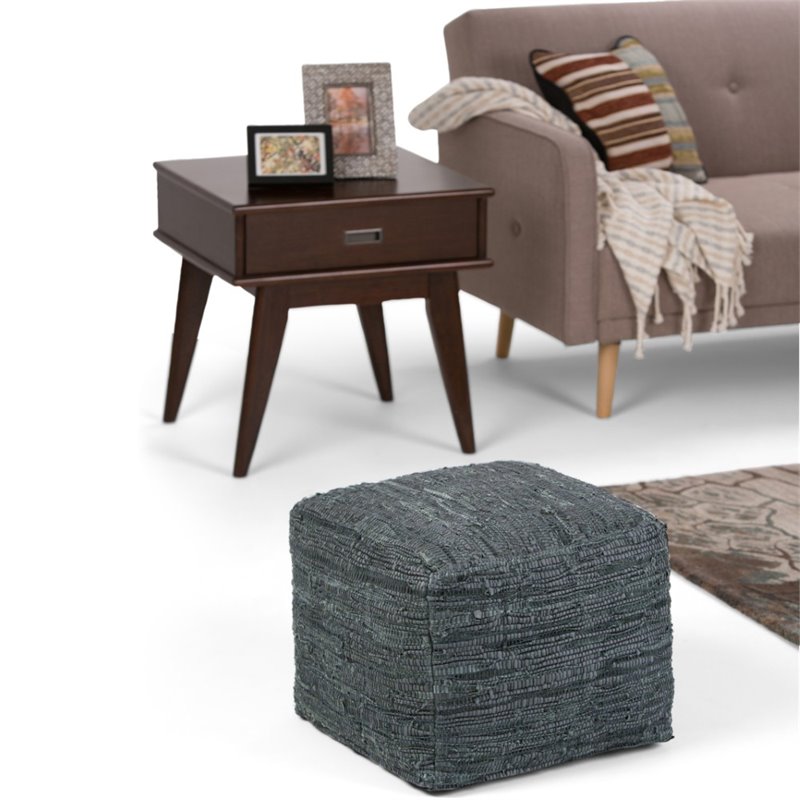 Simpli Home Fredrik Boho Square Pouf in Gray Woven Genuine Leather