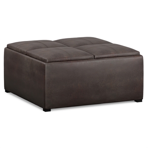 Simpli Home Avalon 35&quot Square Faux Leather Coffee Table Ottoman in Brown