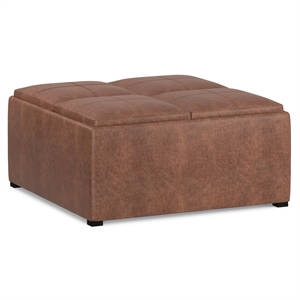 Simpli Home Avalon 35&quot Square Faux Leather Coffee Table Ottoman in Umber Brown