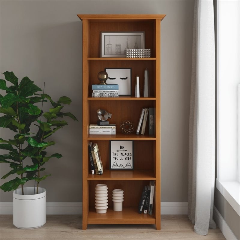 Simpli Home Amherst 5 Shelf Solid Wood Bookcase in Light Golden Brown ...