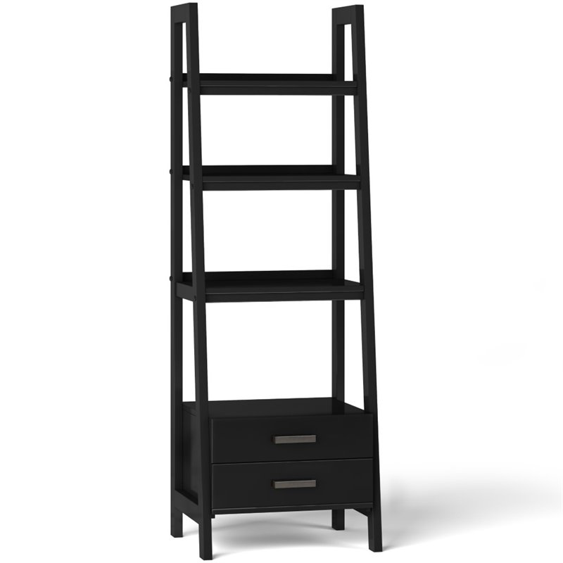 Simpli Home Sawhorse 4 Shelf Soild Wood Modern Ladder Bookcase in Black