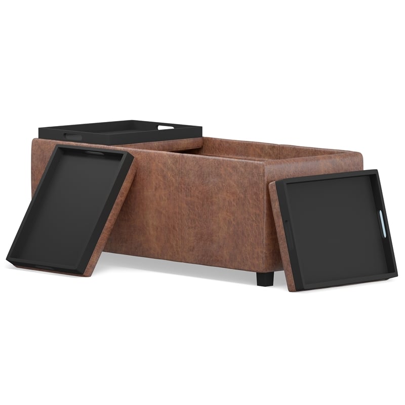 Simpli Home Avalon Faux Air Leather Storage Ottoman in Distressed Saddle Brown