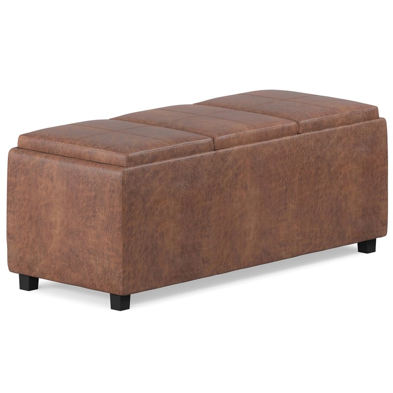 Simpli Home Avalon Faux Air Leather Storage Ottoman in Distressed Saddle Brown