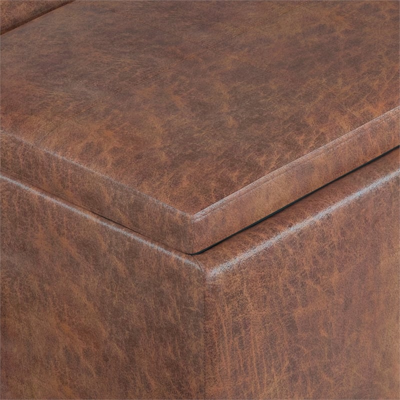 Simpli Home Avalon Faux Air Leather Storage Ottoman in Distressed Saddle Brown