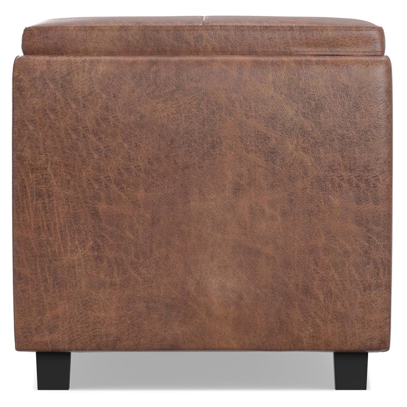 Simpli Home Avalon Faux Air Leather Storage Ottoman in Distressed Saddle Brown