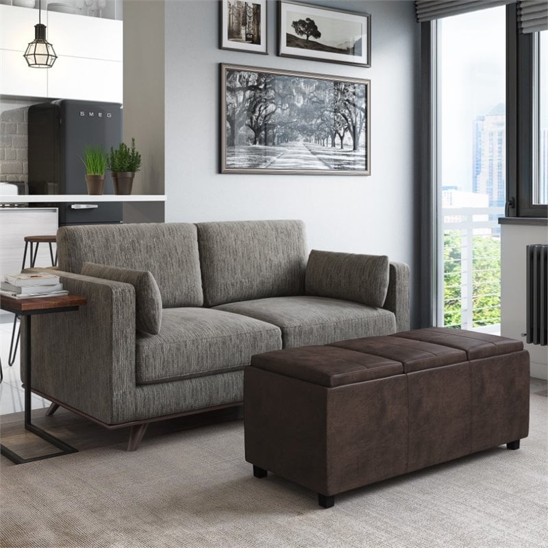 Simpli Home Avalon Faux Air Leather Storage Ottoman in Distressed Brown