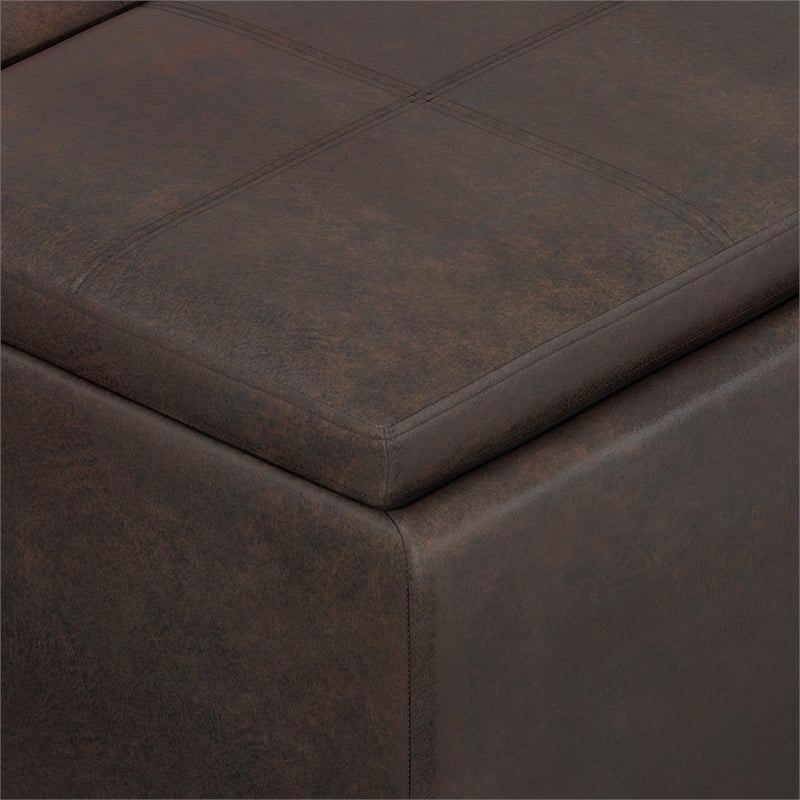 Simpli Home Avalon Faux Air Leather Storage Ottoman in Distressed Brown