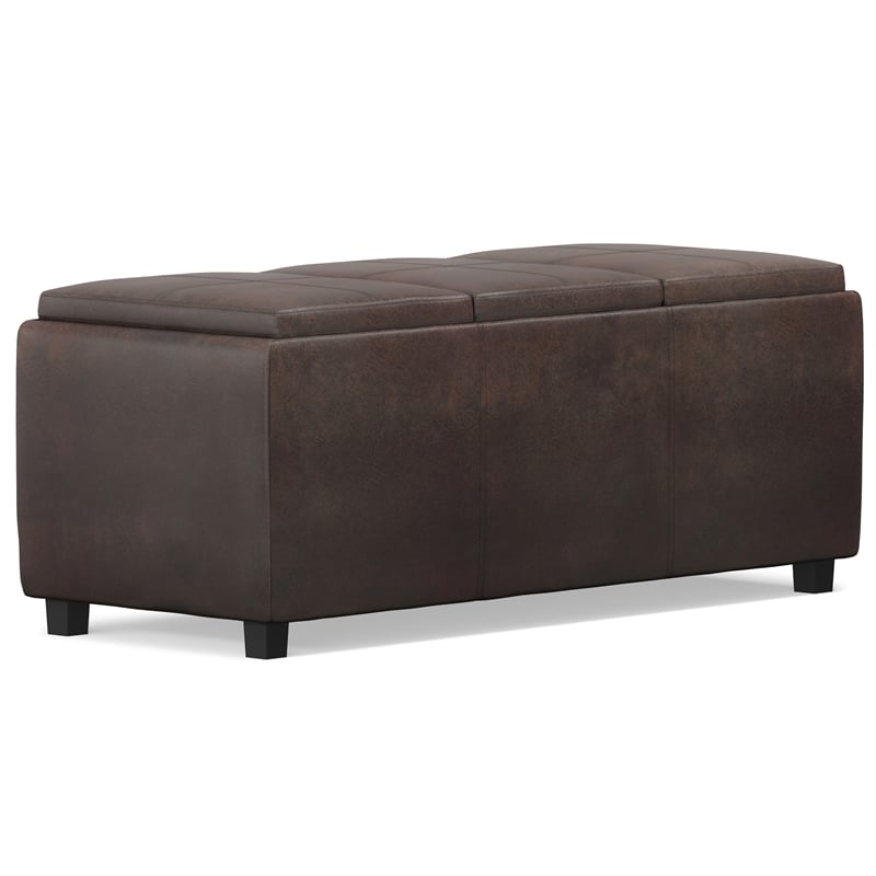 Simpli Home Avalon Faux Air Leather Storage Ottoman in Distressed Brown