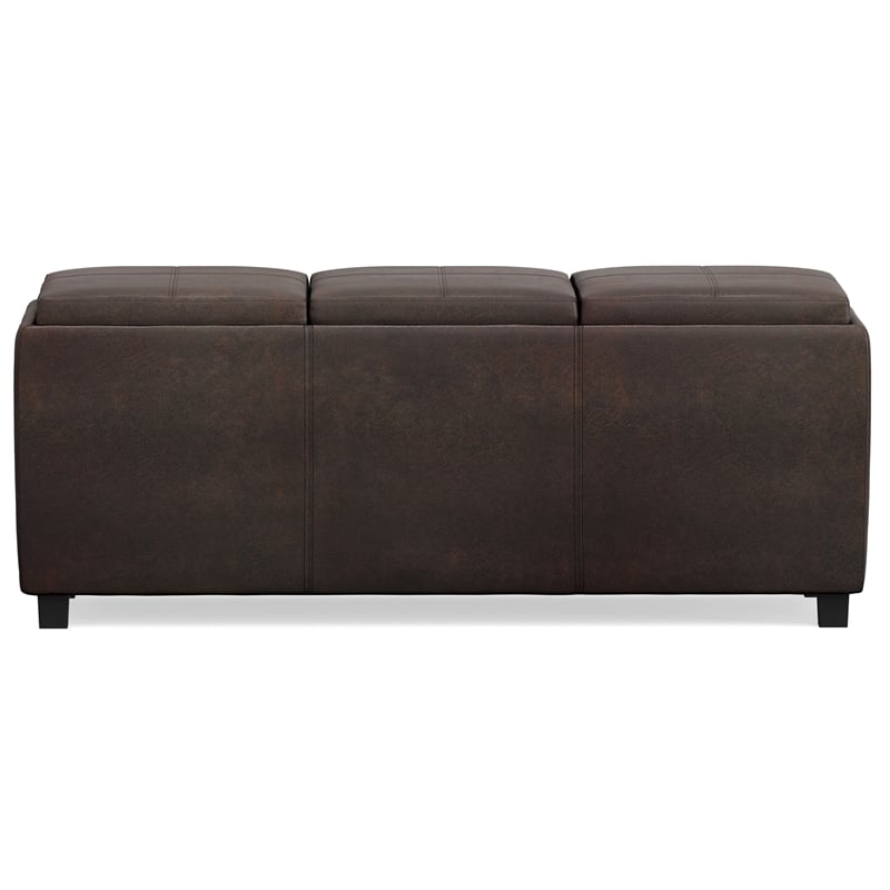 Simpli Home Avalon Faux Air Leather Storage Ottoman in Distressed Brown