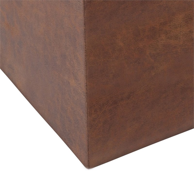 Simpli Home Rockwood Faux Air Leather Storage Ottoman in Distressed Saddle Brown