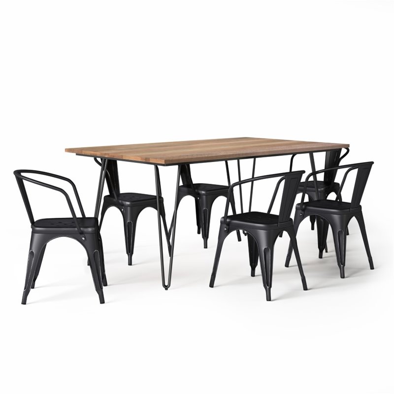 Simpli Home Larkin 7 Piece Solid Mango Wood Dining Set in Black and Silver