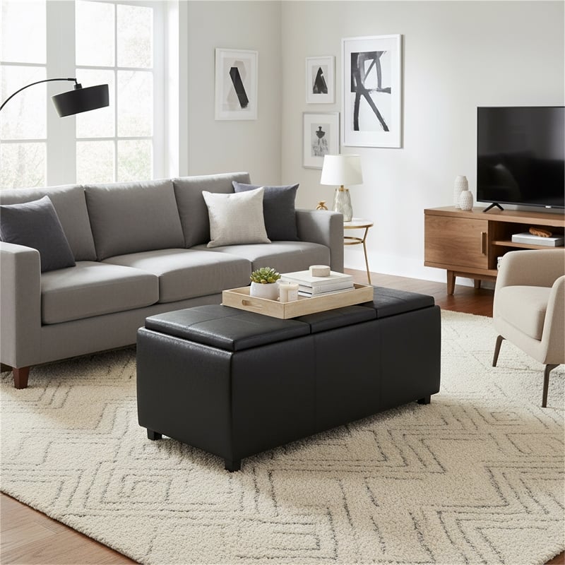Simpli Home Avalon Faux Air Leather Rectangular Storage Ottoman in Black