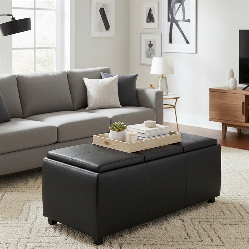 Simpli Home Avalon Faux Air Leather Rectangular Storage Ottoman in Black