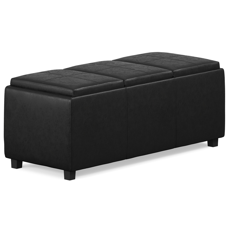 Simpli Home Avalon Faux Air Leather Rectangular Storage Ottoman in Black