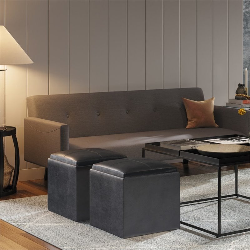 Simpli Home Rockwood Faux Air Leather Cube Storage Ottoman in Black