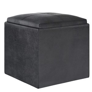 Simpli Home Rockwood Faux Air Leather Cube Storage Ottoman in Black