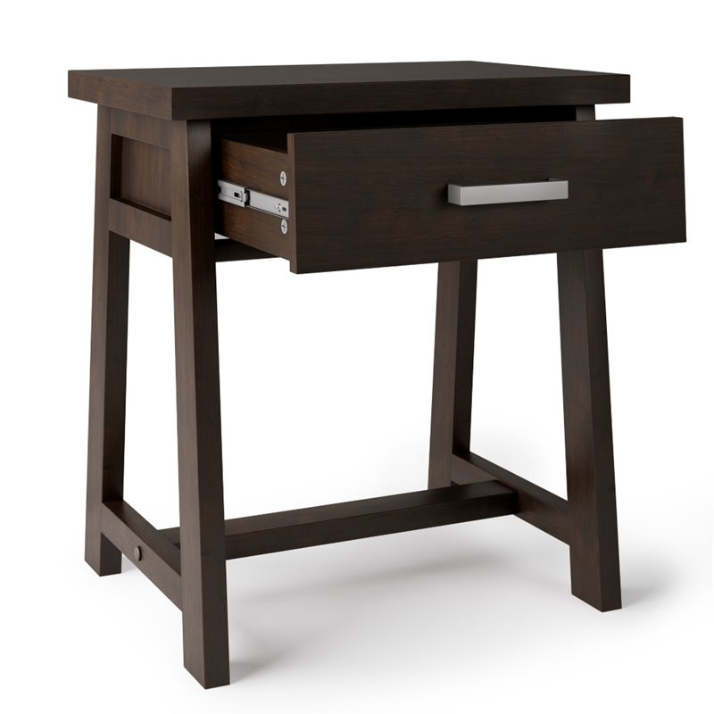 Simpli Home Sawhorse 1 Drawer Solid Wood Nightstand in Dark Chestnut Brown