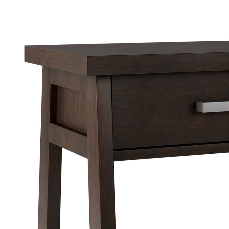 Simpli Home Sawhorse 1 Drawer Solid Wood Nightstand in Dark Chestnut Brown