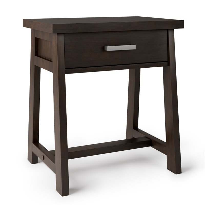 Simpli Home Sawhorse 1 Drawer Solid Wood Nightstand in Dark Chestnut Brown