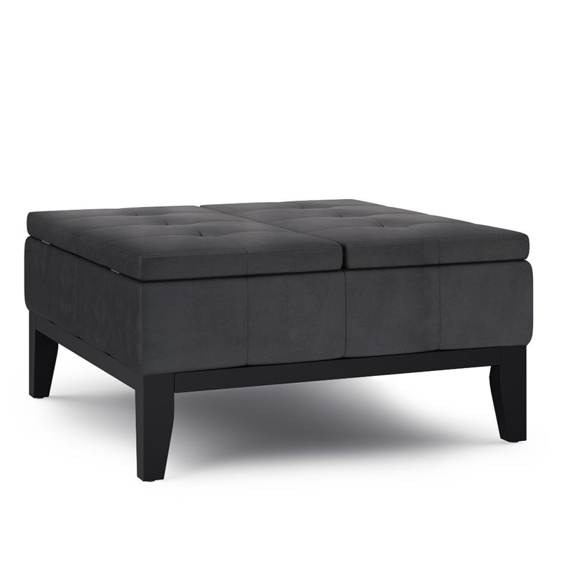 Simpli Home Dover 36 Faux Air Leather, Square Ottoman Coffee Table Black