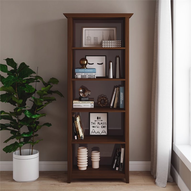 Simpli Home Amherst Solid Wood 5 Shelf Bookcase in Russet Brown