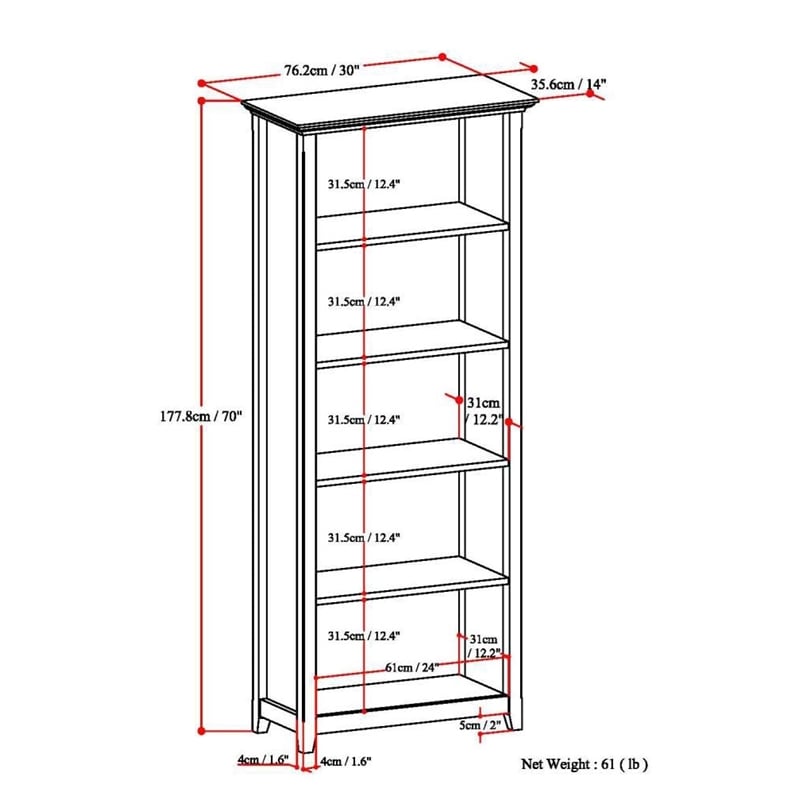 Simpli Home Amherst Solid Wood 5 Shelf Bookcase in Russet Brown