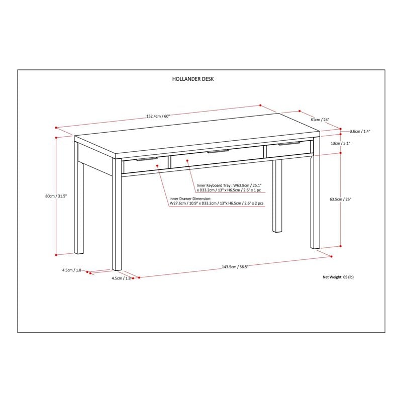Hollander SOLID WOOD Contemporary 60 inch Wide Desk in Medium Saddle Brown