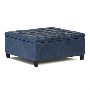 Simpli Home Harrison 36&quot Transitional Square Coffee Table Ottoman in Denim Blue Faux Leather