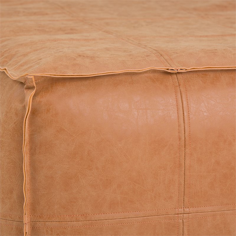 Simpli Home Brody Boho Square Large Square Coffee Table Pouf in Distressed Brown Faux Leather