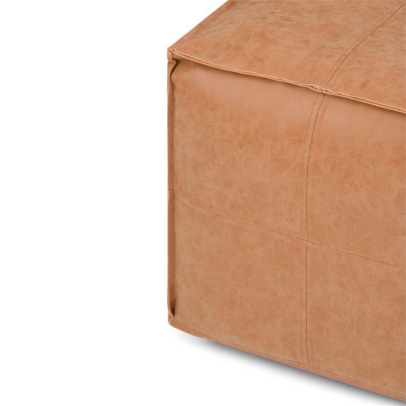 Simpli Home Brody Boho Square Large Square Coffee Table Pouf in Distressed Brown Faux Leather